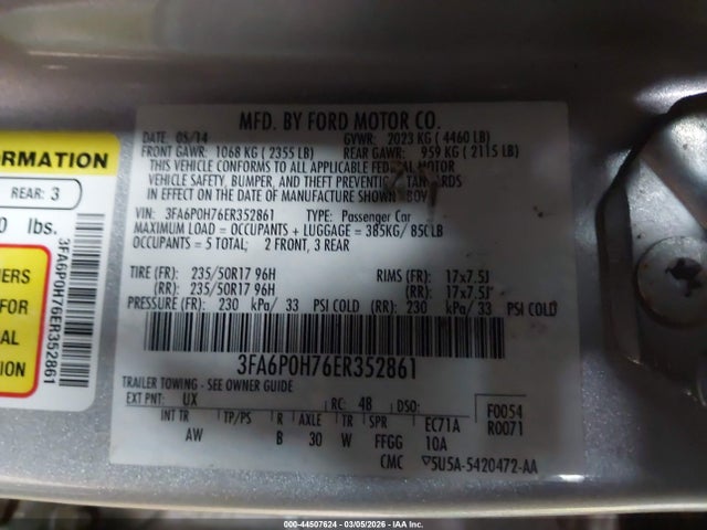 44507624 :رقم المزاد ، 3FA6P0H76ER352861 vin ، 2014 Ford Fusion Se مزاد بيع