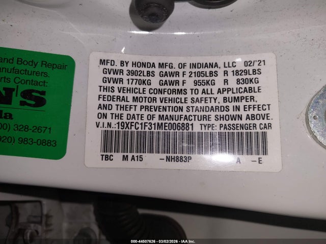 19XFC1F31ME006881 Honda CIVIC EX
