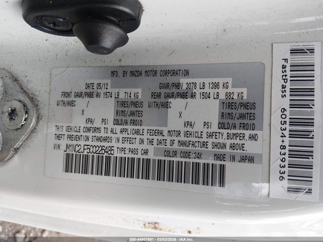 Aukcja sprzedaży 2012 Mazda Mx-5 Miata Sport, vin: JM1NC2JF5C0226485, numer aukcji: 44507691