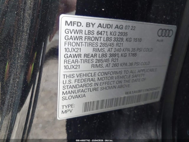 44507762 :رقم المزاد ، WA1AVBF11ND034377 vin ، 2022 Audi Q8 Premium 55 Tfsi Quattro Tiptronic مزاد بيع
