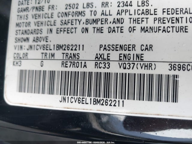Aukcja sprzedaży 2011 Infiniti G37x, vin: JN1CV6EL1BM262211, numer aukcji: 44507766