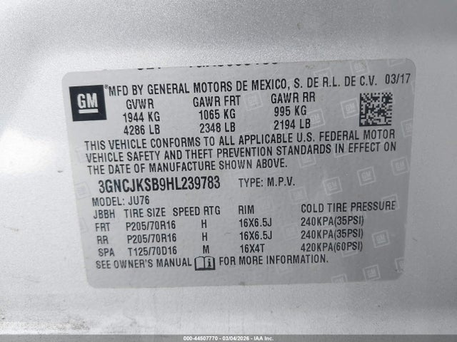Chevrolet TRAX LS 2017 3GNCJKSB9HL239783 Image 9