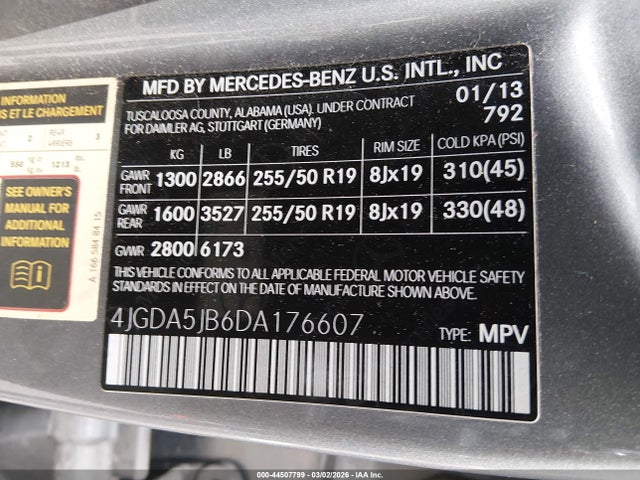 Aukcja sprzedaży 2013 Mercedes-benz Ml 350, vin: 4JGDA5JB6DA176607, numer aukcji: 44507799