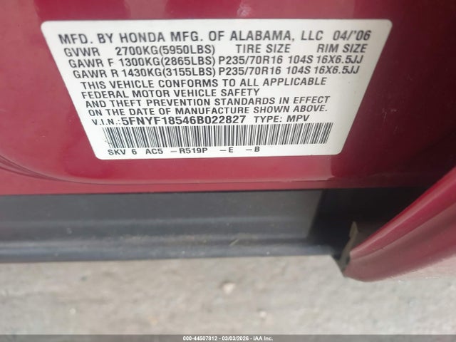 44507812 :رقم المزاد ، 5FNYF18546B022827 vin ، 2006 Honda Pilot Ex-l مزاد بيع
