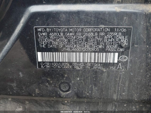 44507828 :رقم المزاد ، JTHBJ46G072070905 vin ، 2007 Lexus Es 350 مزاد بيع