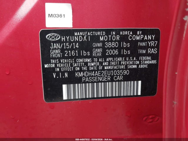 2014 Hyundai Elantra Se მანქანა იყიდება აუქციონზე, vin: KMHDH4AE2EU103590, აუქციონის ნომერი: 44507832