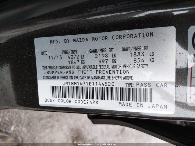 44507847 :رقم المزاد ، JM1BM1W31E1144520 vin ، 2014 Mazda Mazda3 S Grand Touring مزاد بيع
