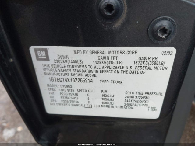 44507856 :رقم المزاد ، 1GTEC14X13Z265214 vin ، 2003 Gmc Sierra 1500 Work Truck مزاد بيع