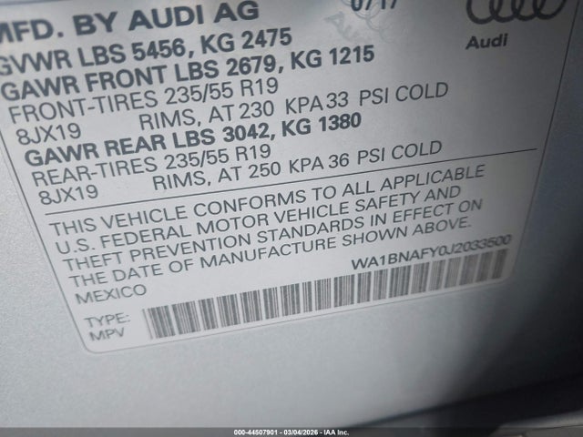 Aukcja sprzedaży 2018 Audi Q5 2.0t Premium/2.0t Tech Premium, vin: WA1BNAFY0J2033500, numer aukcji: 44507901
