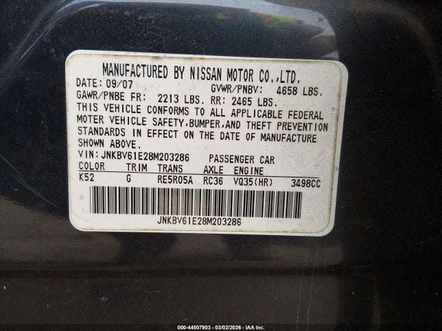 Aukcja sprzedaży 2008 Infiniti G35 Journey, vin: JNKBV61E28M203286, numer aukcji: 44507903