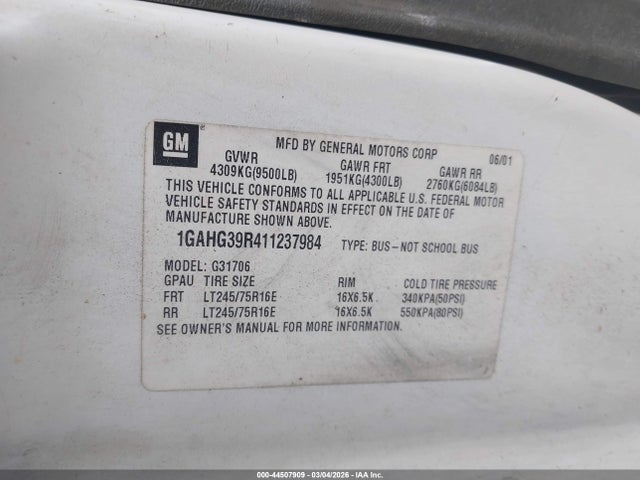 44507909 :رقم المزاد ، 1GAHG39R411237984 vin ، 2001 Chevrolet Express مزاد بيع