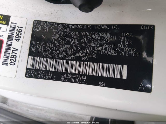 2008 TOYOTA SIENNA 5TDZK23C18S192833 Photo 8