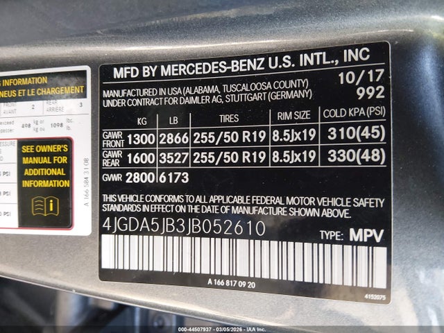 44507937 :رقم المزاد ، 4JGDA5JB3JB052610 vin ، 2018 Mercedes-benz Gle 350 مزاد بيع