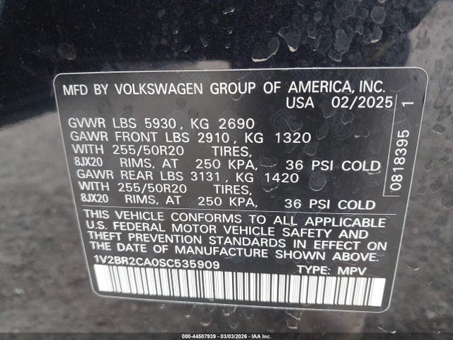 2025 Volkswagen Atlas 2.0t Sel მანქანა იყიდება აუქციონზე, vin: 1V2BR2CA0SC535909, აუქციონის ნომერი: 44507939