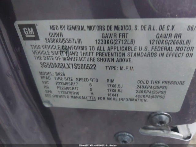 44507959 :رقم المزاد ، 3G5DA03LX7S500522 vin ، 2007 Buick Rendezvous Cx مزاد بيع