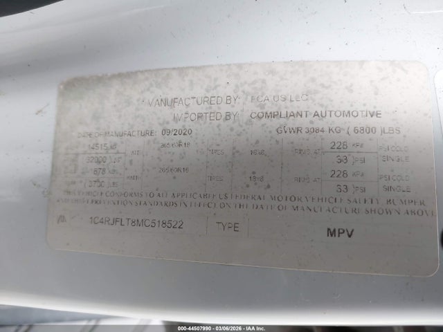 2021 Jeep Grand Cherokee Trailhawk მანქანა იყიდება აუქციონზე, vin: 1C4RJFLT8MC518522, აუქციონის ნომერი: 44507990