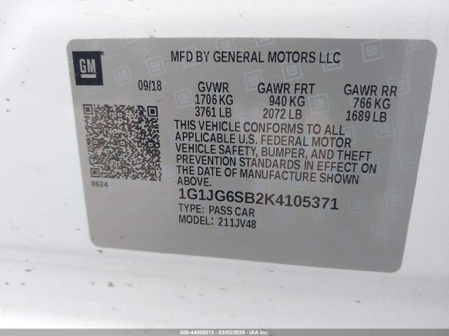 Продажа на аукционе авто 2019 Chevrolet Sonic Lt Auto, vin: 1G1JG6SB2K4105371, номер лота: 44508013