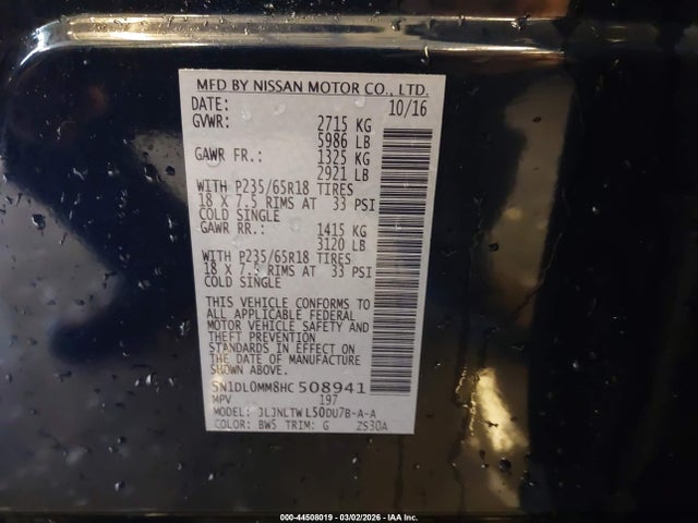 Aukcja sprzedaży 2017 Infiniti Qx60, vin: 5N1DL0MM8HC508941, numer aukcji: 44508019