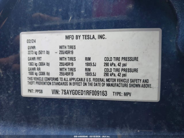 2024 Tesla Model Y მანქანა იყიდება აუქციონზე, vin: 7SAYGDED1RF009163, აუქციონის ნომერი: 44508046