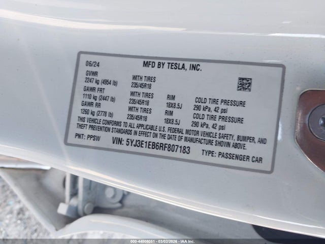 44508051 :رقم المزاد ، 5YJ3E1EB6RF807183 vin ، 2024 Tesla Model 3 Long Range Dual Motor All-wheel Drive مزاد بيع
