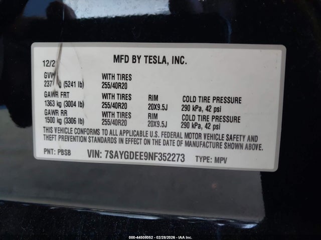 44508052 :رقم المزاد ، 7SAYGDEE9NF352273 vin ، 2022 Tesla Model Y Long Range Dual Motor All-wheel Drive مزاد بيع