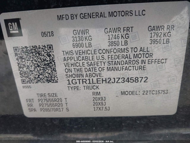 Продаж на аукціоні авто 2018 Gmc Sierra 1500, vin: 1GTR1LEH2JZ345872, номер лоту: 44508060