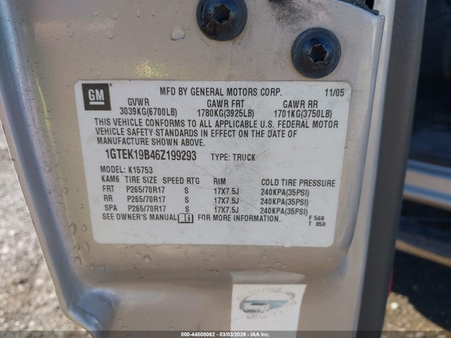 Продаж на аукціоні авто 2006 Gmc Sierra 1500 Sle2, vin: 1GTEK19B46Z199293, номер лоту: 44508062