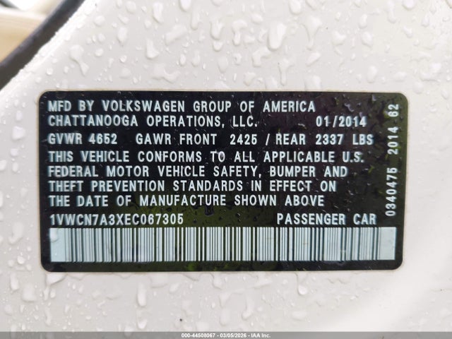 Продажа на аукционе авто 2014 Volkswagen Passat 2.0l Tdi Sel Premium, vin: 1VWCN7A3XEC067305, номер лота: 44508067