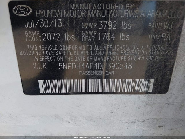44508072 :رقم المزاد ، 5NPDH4AE4DH390248 vin ، 2013 Hyundai Elantra Gls مزاد بيع