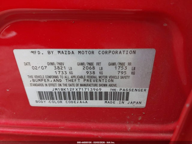 44508108 :رقم المزاد ، JM1BK12FX71713969 vin ، 2007 Mazda Mazda3 I Touring مزاد بيع