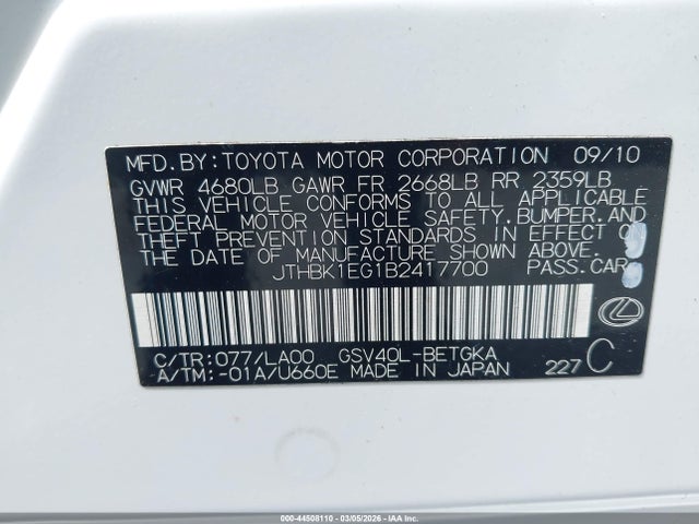 44508110 :رقم المزاد ، JTHBK1EG1B2417700 vin ، 2011 Lexus Es 350 مزاد بيع