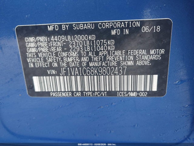 2019 SUBARU WRX JF1VA1C68K9802437 Photo 8