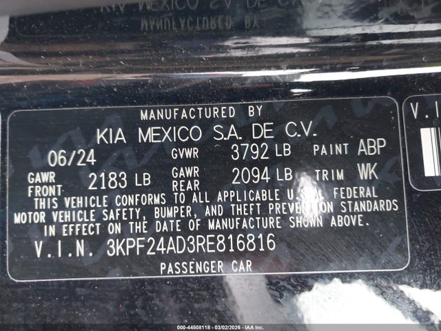 2024 Kia Forte Lxs მანქანა იყიდება აუქციონზე, vin: 3KPF24AD3RE816816, აუქციონის ნომერი: 44508118