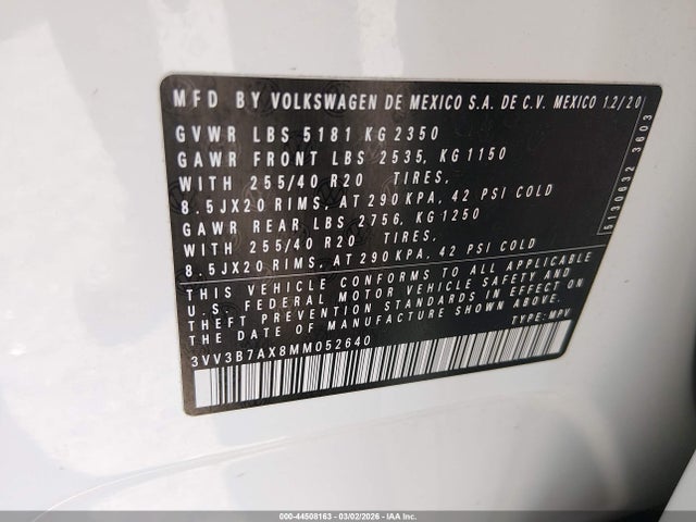 2021 Volkswagen Tiguan 2.0t Se/2.0t Se R-line Black/2.0t Sel მანქანა იყიდება აუქციონზე, vin: 3VV3B7AX8MM052640, აუქციონის ნომერი: 44508163