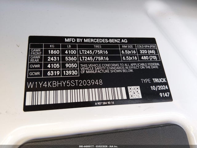 W1Y4KBHY5ST203948 Mercedes-Benz Sprinter 2500 Standard Roof 4-cyl Diesel