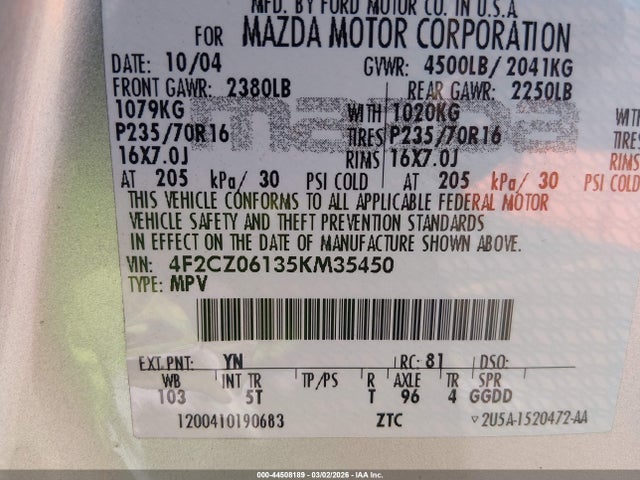Aukcja sprzedaży 2005 Mazda Tribute S, vin: 4F2CZ06135KM35450, numer aukcji: 44508189