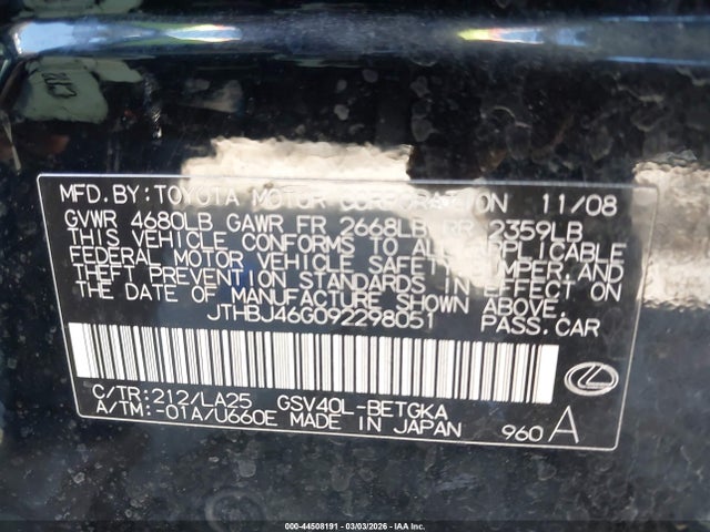 44508191 :رقم المزاد ، JTHBJ46G092298051 vin ، 2009 Lexus Es 350 مزاد بيع