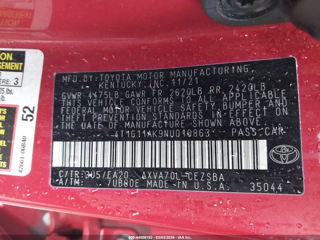 Продаж на аукціоні авто 2022 Toyota Camry Se, vin: 4T1G11AK9NU010863, номер лоту: 44508192