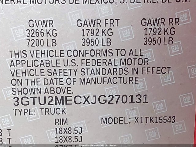 44508226 :رقم المزاد ، 3GTU2MECXJG270131 vin ، 2018 Gmc Sierra 1500 Sle مزاد بيع