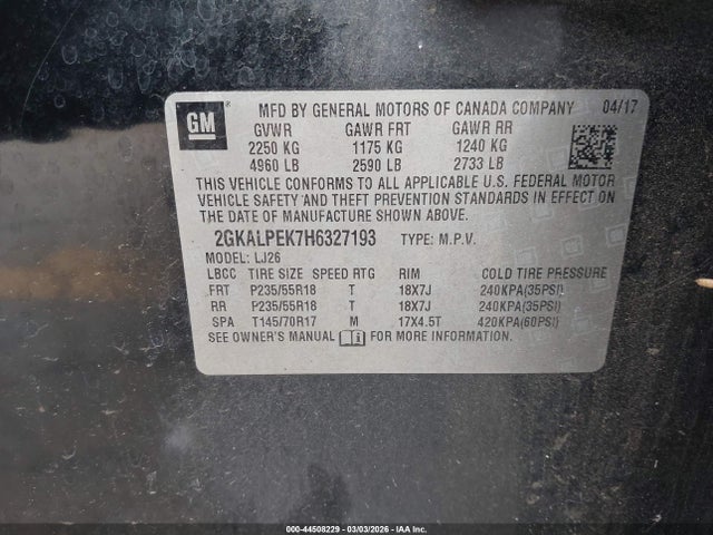 Aukcja sprzedaży 2017 Gmc Terrain Slt, vin: 2GKALPEK7H6327193, numer aukcji: 44508229