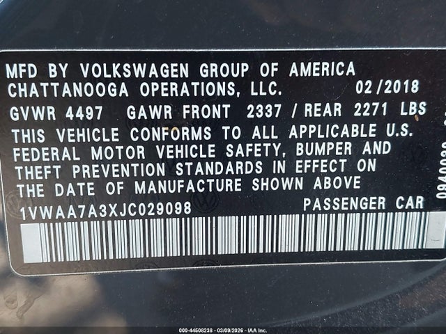 Aukcja sprzedaży 2018 Volkswagen Passat 2.0t R-line/2.0t S, vin: 1VWAA7A3XJC029098, numer aukcji: 44508238