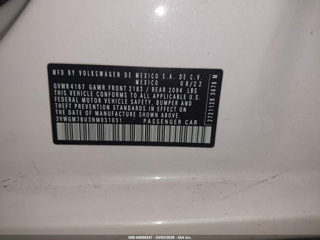 2022 Volkswagen Jetta 1.5t Sel მანქანა იყიდება აუქციონზე, vin: 3VWGM7BU3NM031031, აუქციონის ნომერი: 44508247