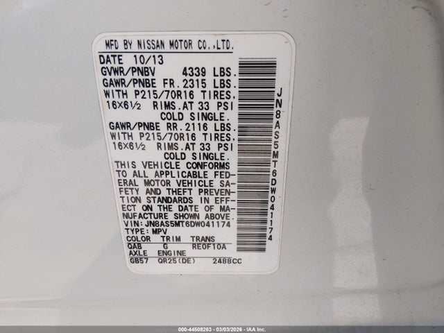 44508263 :رقم المزاد ، JN8AS5MT6DW041174 vin ، 2013 Nissan Rogue S مزاد بيع
