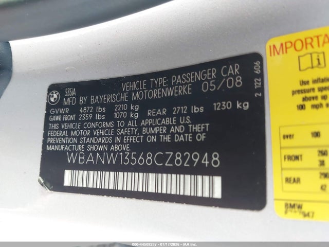 Aukcja sprzedaży 2008 Bmw 535i, vin: WBANW13568CZ82948, numer aukcji: 44508287