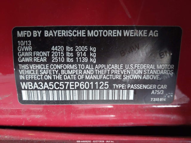 2014 Bmw 328i მანქანა იყიდება აუქციონზე, vin: WBA3A5C57EP601125, აუქციონის ნომერი: 44508292