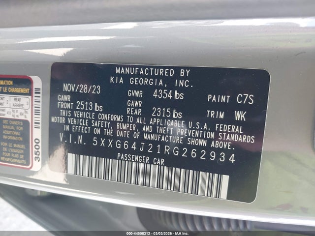 44508312 :رقم المزاد ، 5XXG64J21RG262934 vin ، 2024 Kia K5 Gt-line مزاد بيع