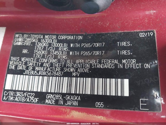 2019 Toyota 4runner Trd Off Road მანქანა იყიდება აუქციონზე, vin: JTEBU5JRXK5678487, აუქციონის ნომერი: 44508320