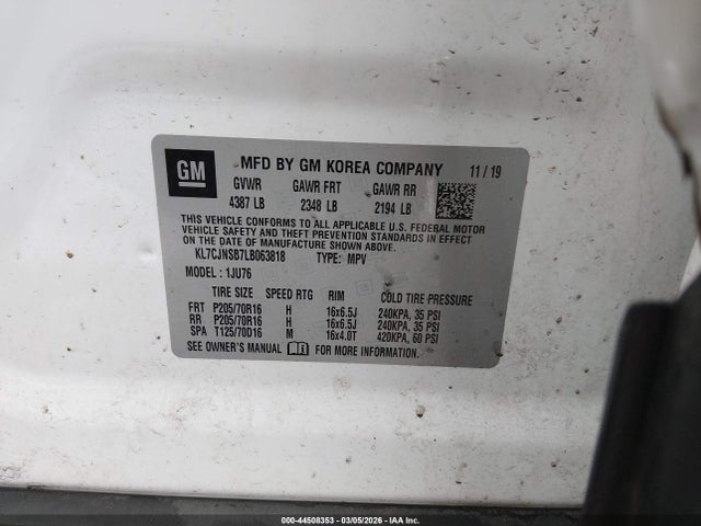 Chevrolet Trax Awd Ls 2020 KL7CJNSB7LB063818 Image 9