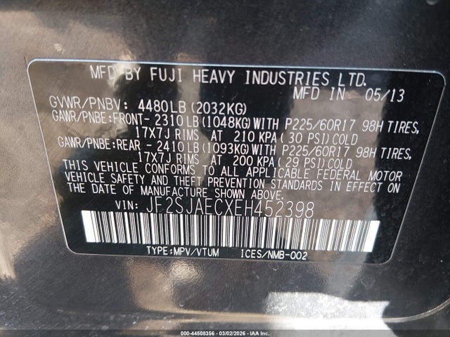 2014 Subaru Forester 2.5i Premium მანქანა იყიდება აუქციონზე, vin: JF2SJAECXEH452398, აუქციონის ნომერი: 44508356