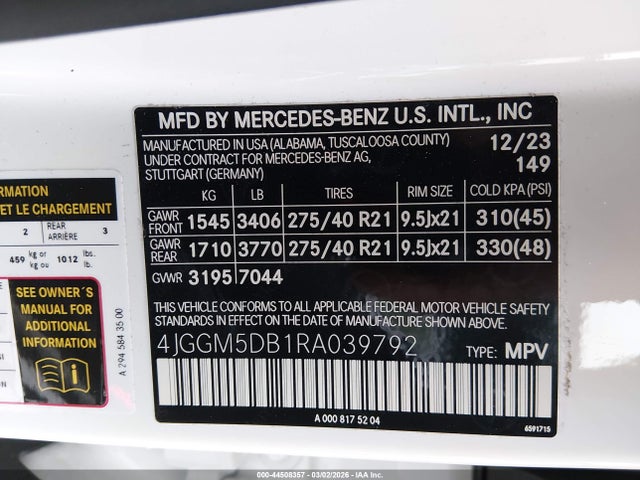 Aukcja sprzedaży 2024 Mercedes-benz Amg Eqe Suv 4matic, vin: 4JGGM5DB1RA039792, numer aukcji: 44508357